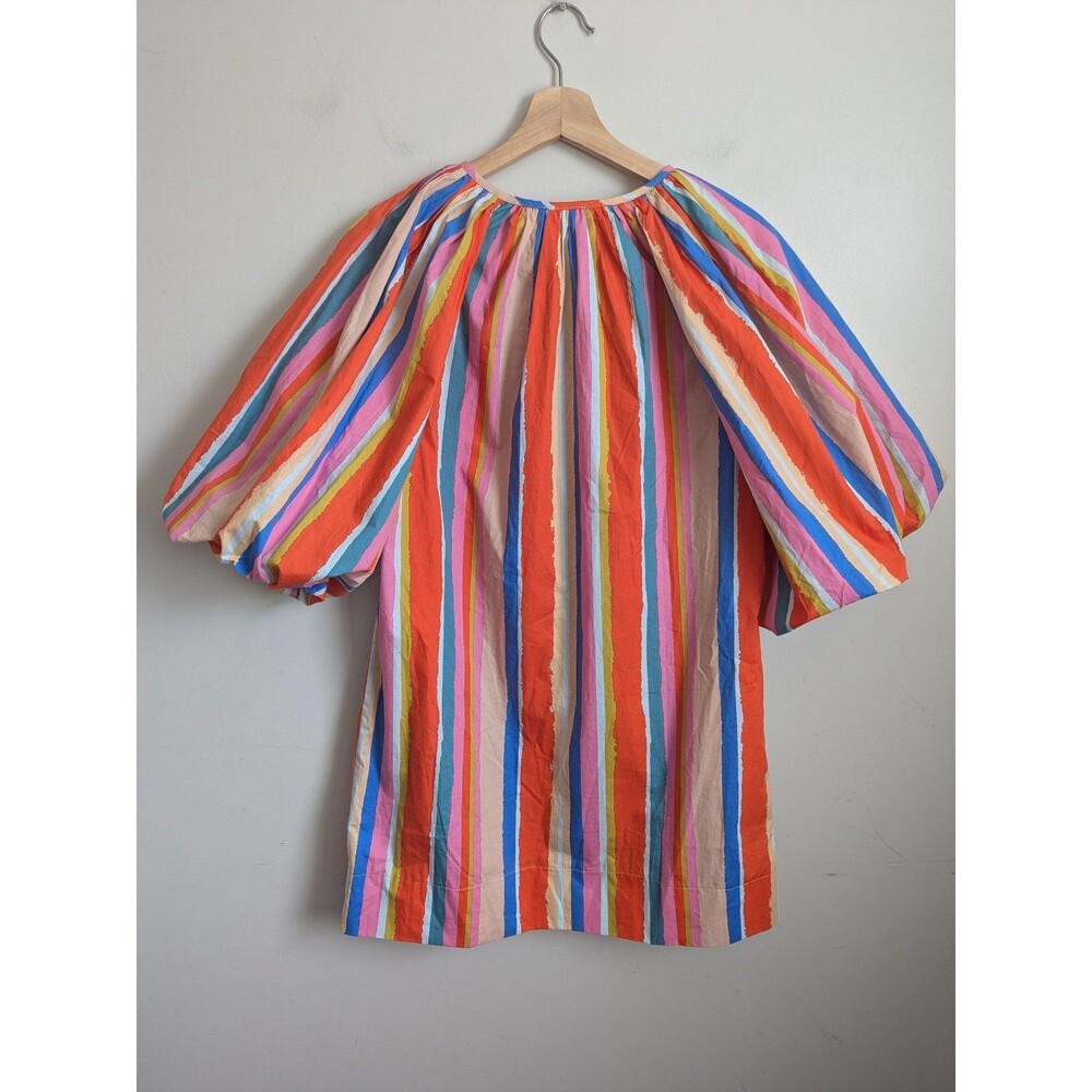FATE Rainbow Stripe Balloon Sleeve A-line Dress Cotton Mini S Colorful Boho Fun - Picture 3 of 14